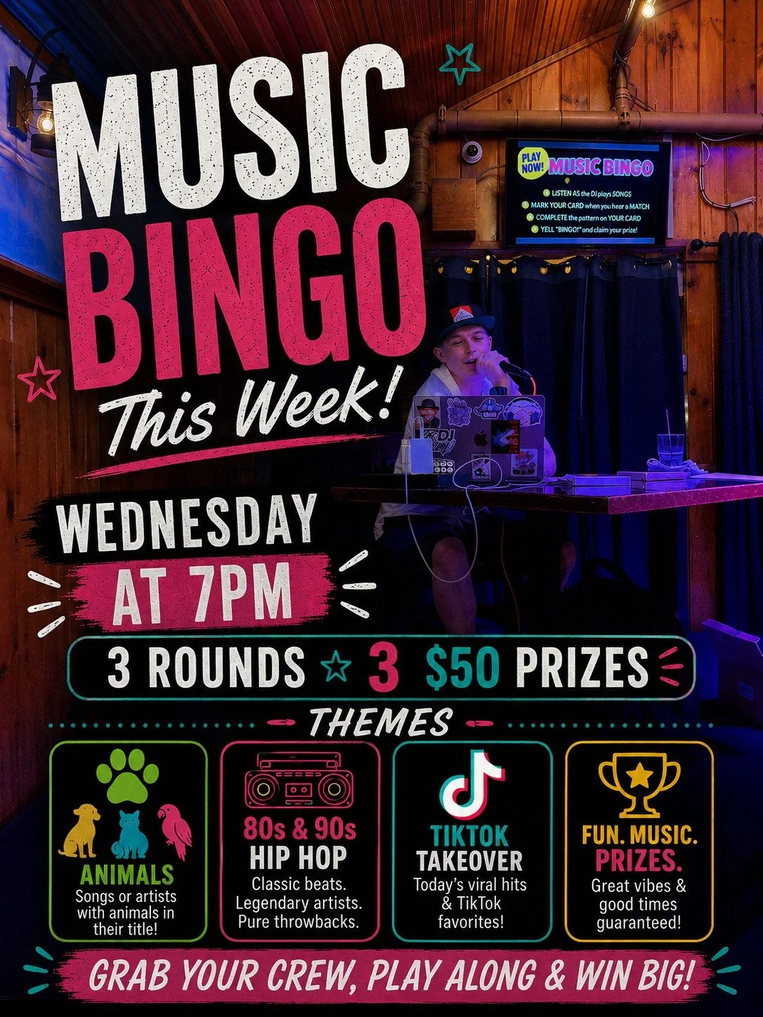 🎶 MUSIC BINGO TONIGHT AT 7PM 🎶
Tonight&rsquo;s themes:
🐾 Animals
🎤 80s &amp; 90s Hip Hop
📱 TikTok Takeover

3 rounds | 3 $50 prizes | Free to play
Grab your crew and join us tonight at the Wharf Pub for Music Bingo!
