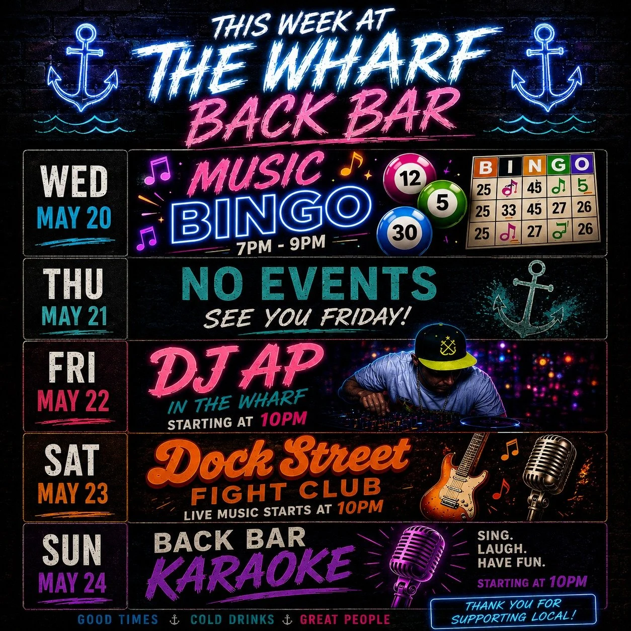 The Wharf Back Bar is BACK every weekend 🔥

We&rsquo;re kicking things off with a sweet lineup: 
🎵 Wednesday &mdash; Music Bingo &bull; 7PM
🎧 Friday &mdash; DJ AP &bull; 10PM
🎸 Saturday &mdash; Dock Street Fight Club &bull; 10PM
🎤 Sunday &mdash;