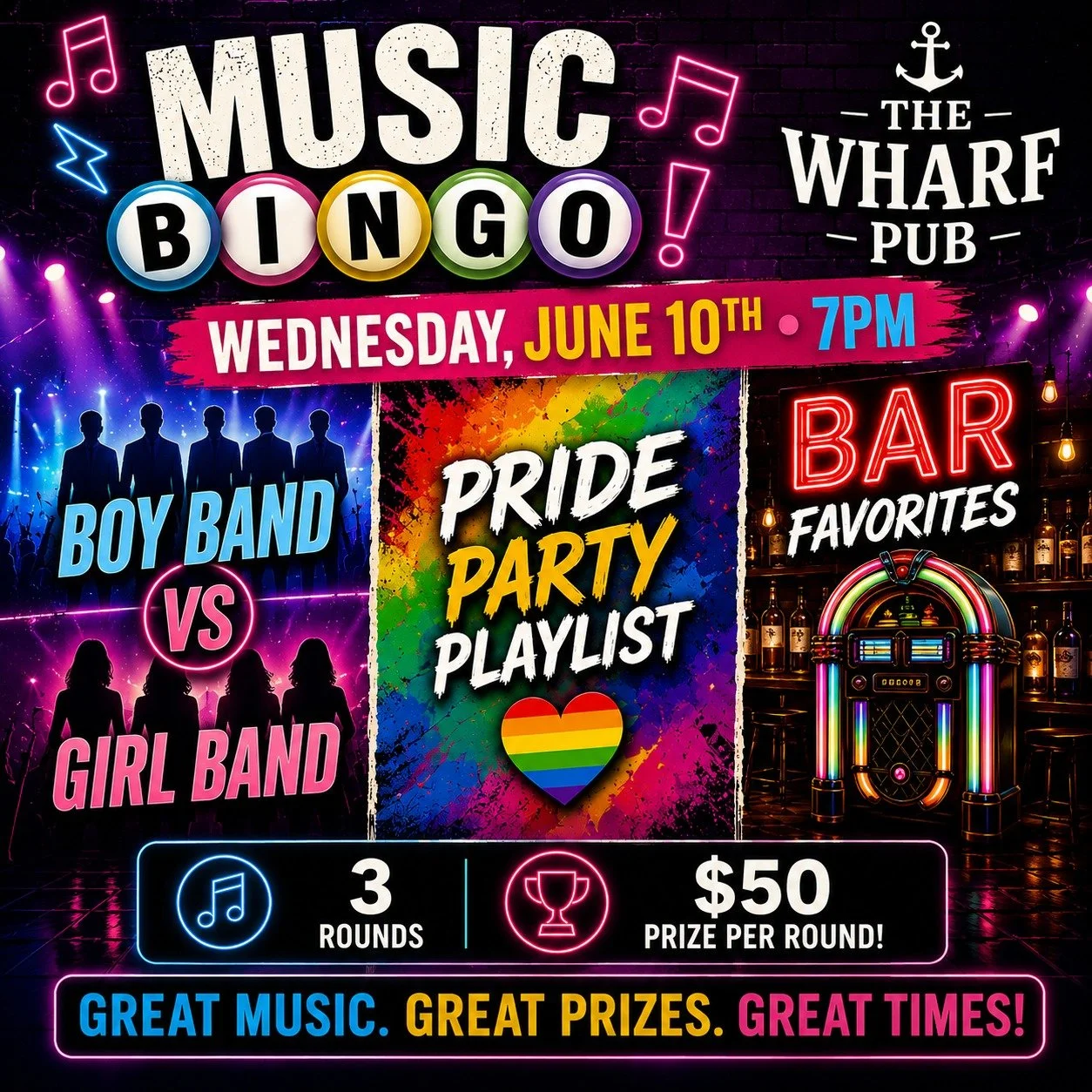 Music Bingo this Wednesday at 7pm with DJ AP! 

$50 First place prize each round, prizes for second place as well! 

Don't miss out!

@mvychamber @visitmarthasvineyard @visitedgartown 

#wharfpubmv #musicbingo #edgartown #thepub #thewharf