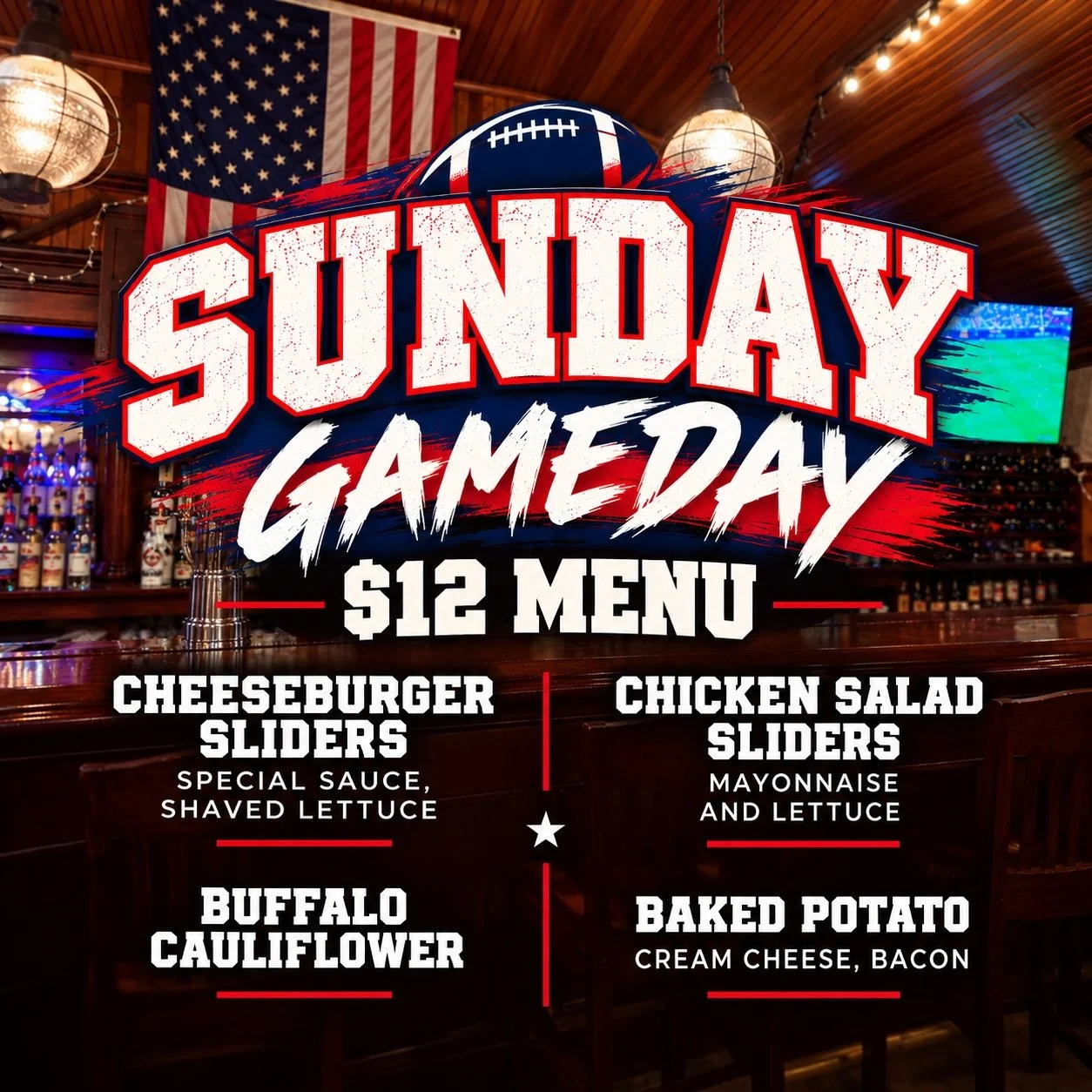 Sundays at The Wharf just got a little better!

We&rsquo;re rolling out a new $12 Gameday Menu every Sunday, with a different lineup of specials each week.

This week we have Cheeseburger Sliders, Chicken Salad Sliders, Buffalo Cauliflower, and a Bak