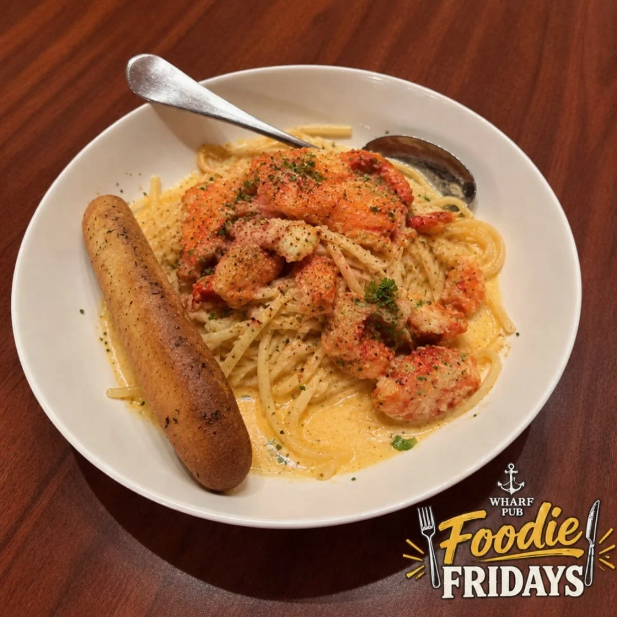 Today&rsquo;s Foodie Friday features Lobster Linguine! 

Packed with lobster and great flavors, definitely worth visiting for. Stop by and give this weeks feature a try! 

Lobster Linguine: pasta served with lobster, garlic cream sauce, bread crumbs,