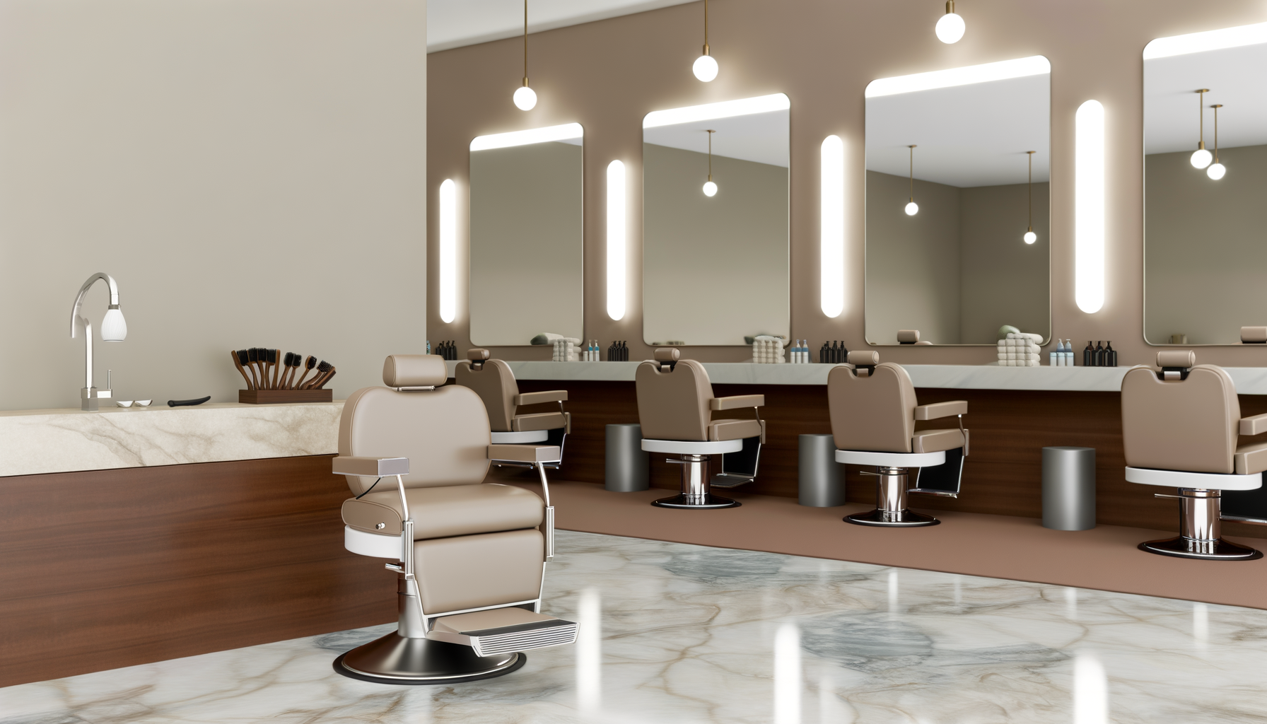 Empty barber shop with beige chairs, mirrors, and a marble-topped counter with barber tools in the background.
