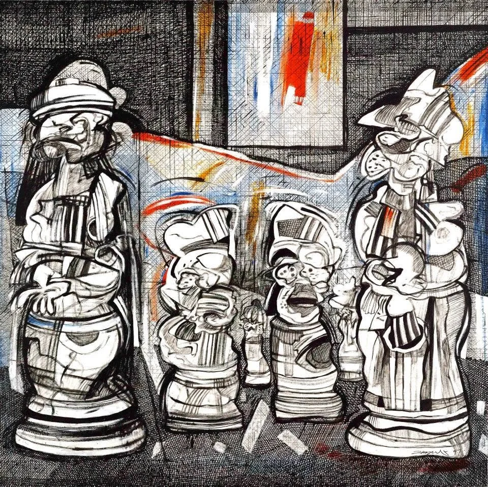 Contemporary mixed media artwork featuring stylized chess-inspired figures exploring identity and human expression.