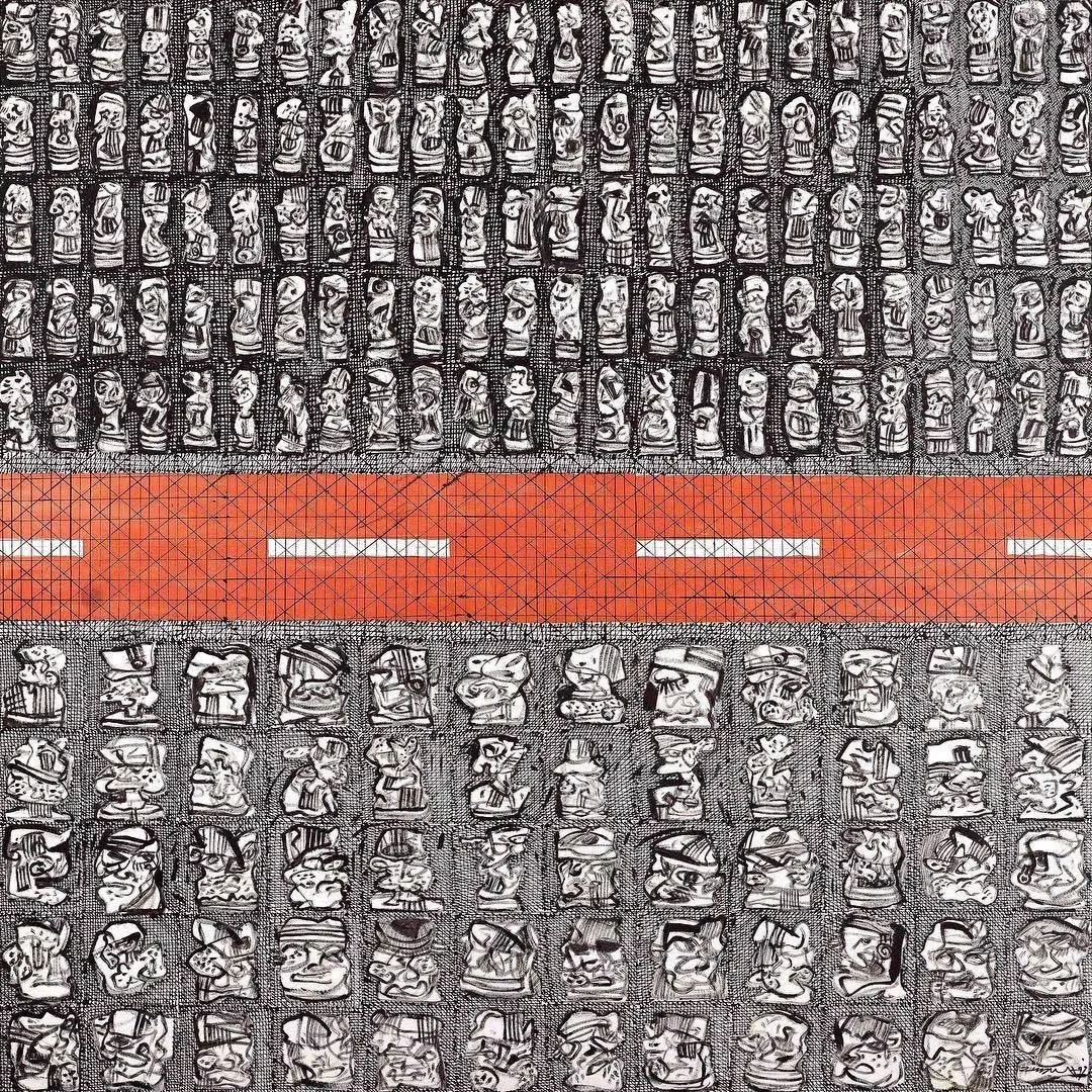 Contemporary mixed media artwork featuring expressive black and white illustrated faces from The Connector House Art collection.