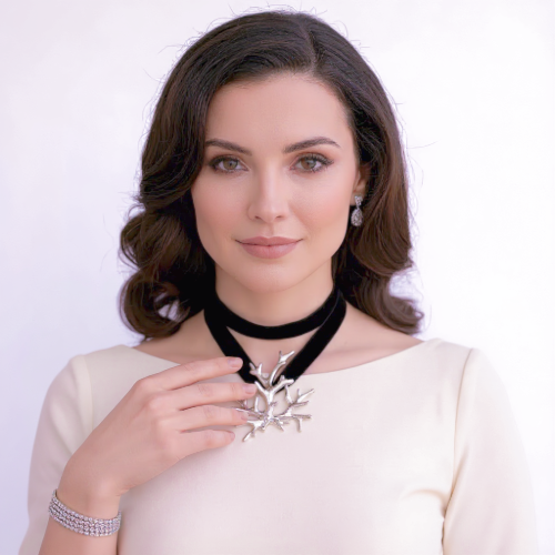 Sterling silver Acropora coral pendant on black velvet ribbon by Jonathan Yun, featured at Miami Modest Fashion Week.