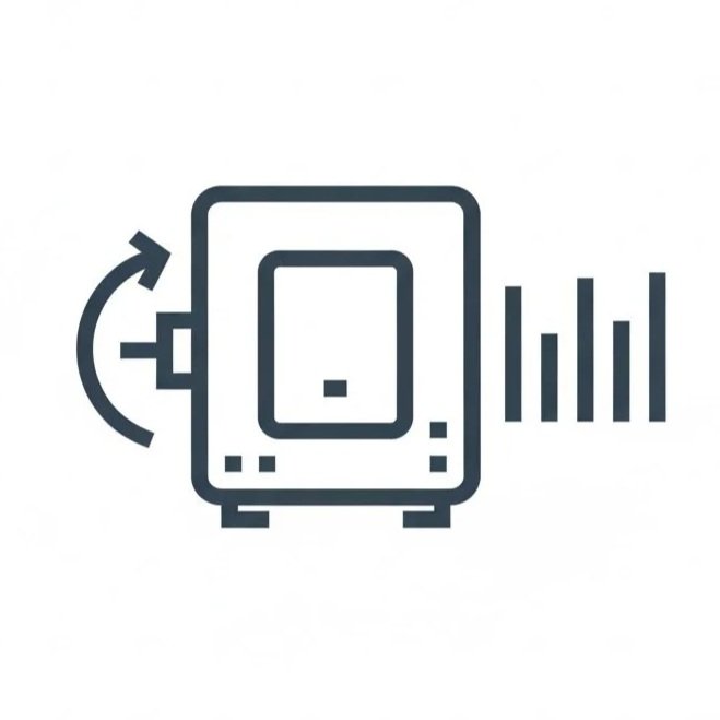 Line drawing of a safe with an arrow indicating rotation, bars representing data or growth on the right side.