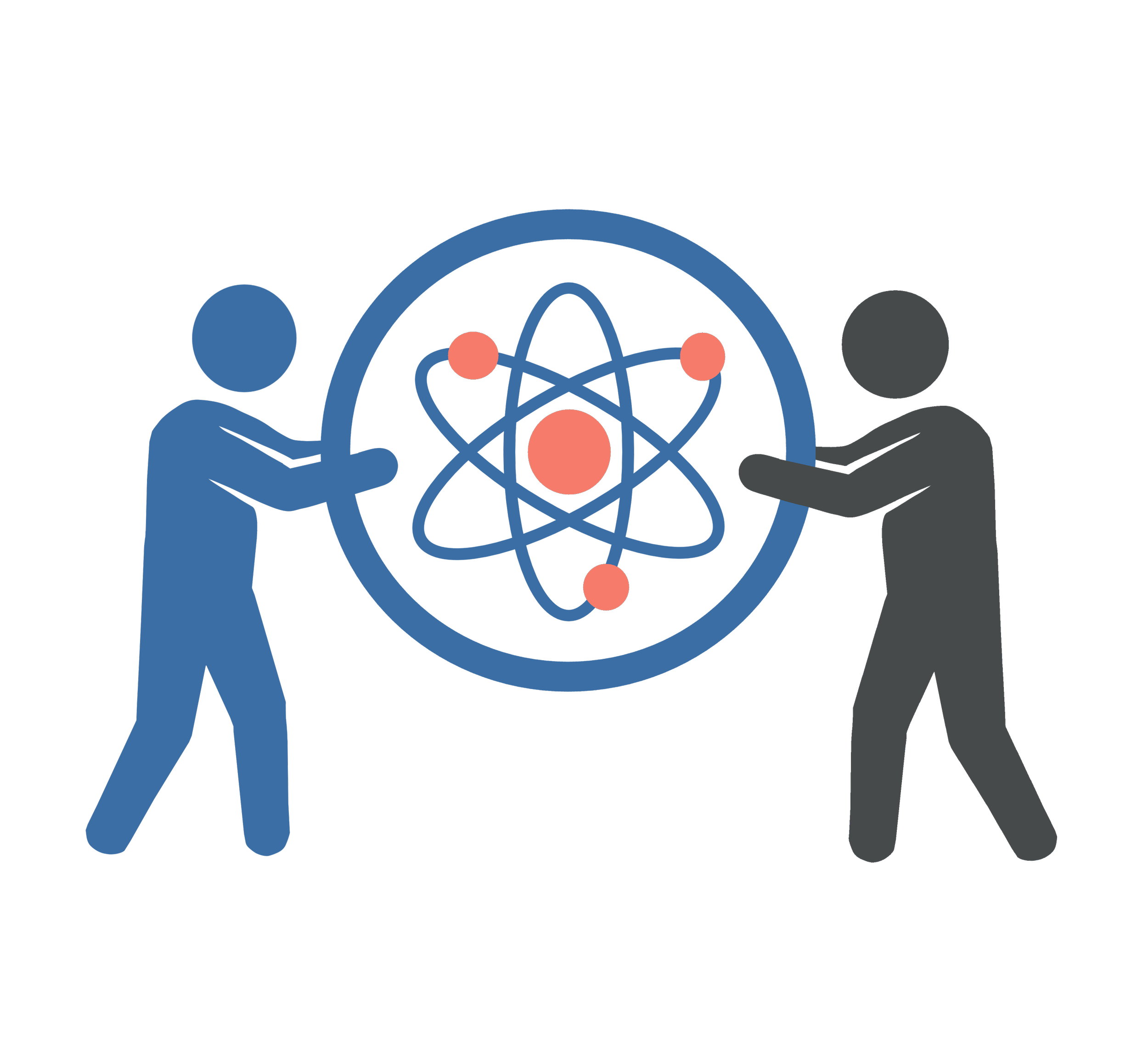 Illustration of two figures holding a circular emblem with an atomic model symbol in the center on a black background.