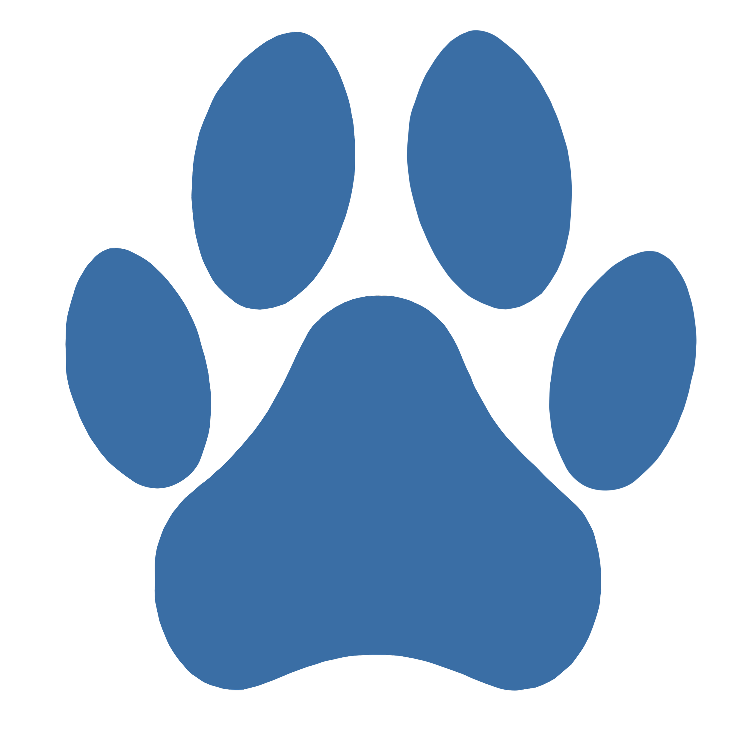 Blue paw print logo on black background.