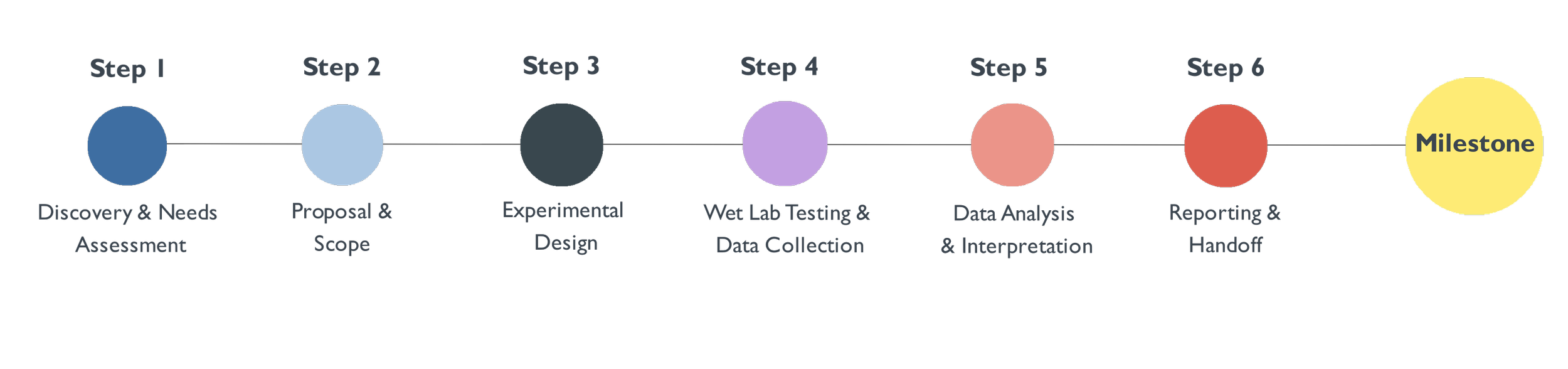 A step-by-step infographic flowchart outlining an on-site research process, ending with a yellow circle labeled 'Milestone'.