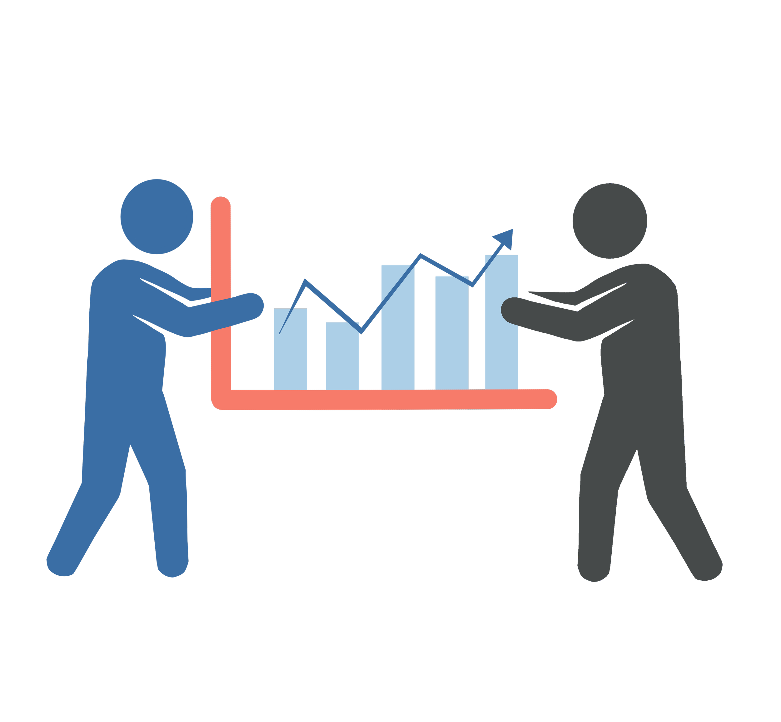 Two stylized human figures, one blue and one dark gray, are standing on either side of a large financial chart with a bar graph and upward arrows, symbolizing collaboration on data analysis or business growth.