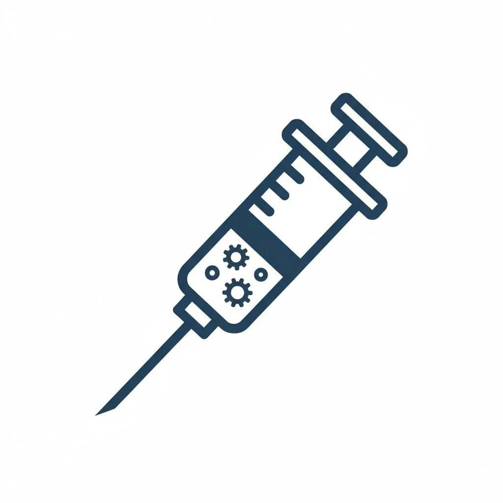 Line art icon of a syringe with gears inside