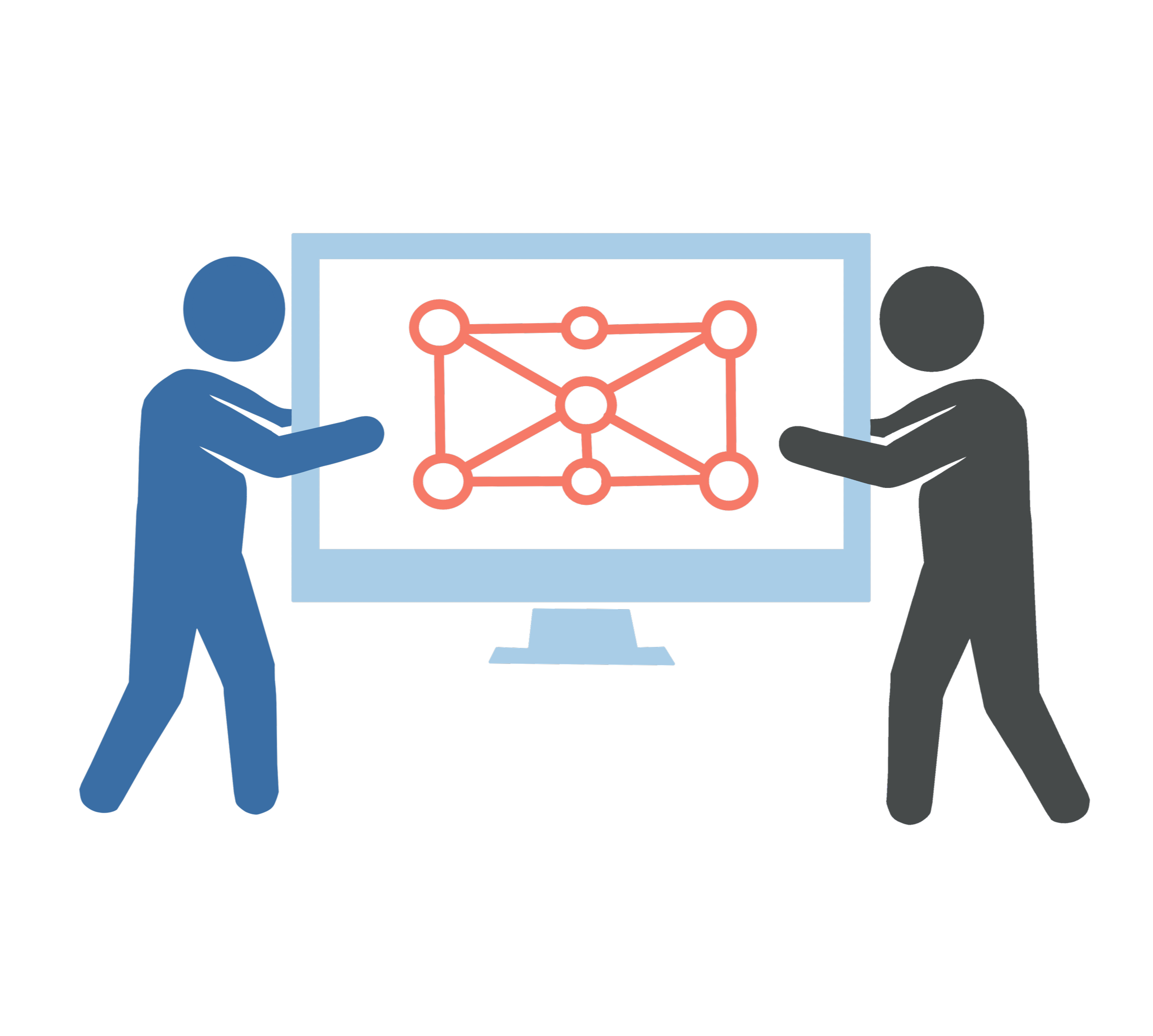 Two stylized human figures, one blue and one gray, pointing at a large computer monitor displaying a network diagram with interconnected nodes.