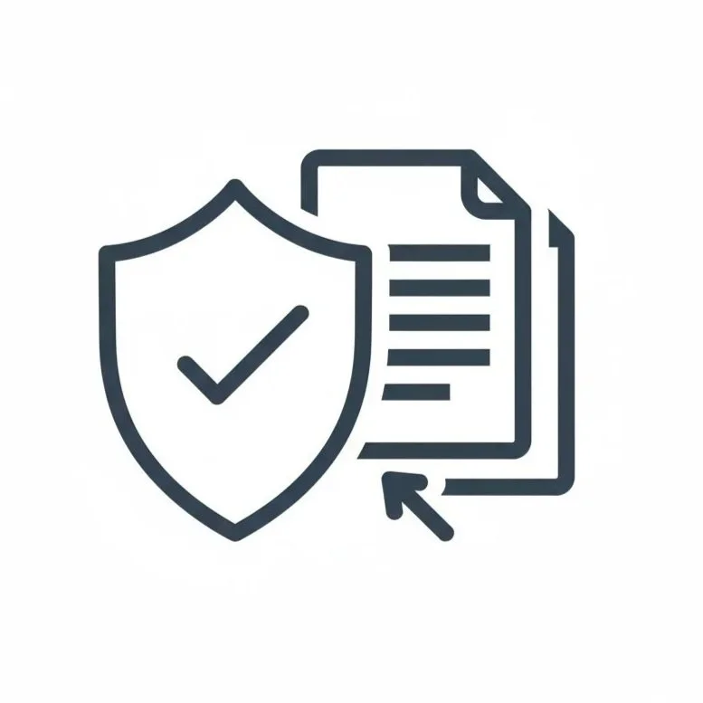 Icon of a shield with a checkmark, overlapping with documents and an arrow pointing right, symbolizing document security or approval.