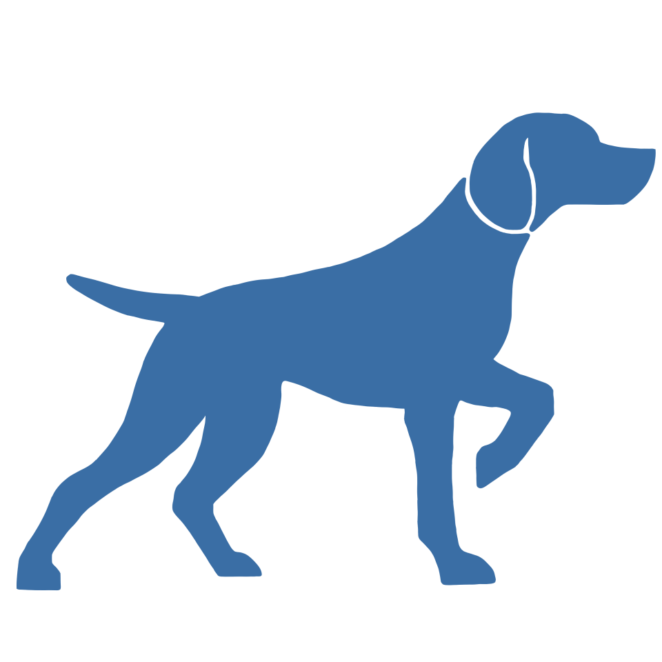 Silhouette of a walking dog with a ball in its mouth, depicted in blue.
