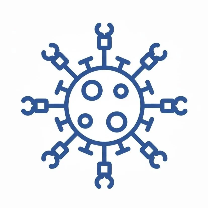 Illustration of a virus with wrench icons as spikes, representing a concept related to virus repair or modification.