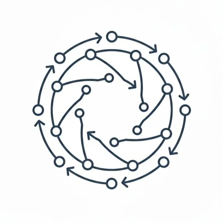 A complex diagram of interconnected circles and arrows, resembling a flowchart or network schematic.