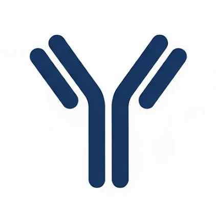 A dark blue antibody icon.