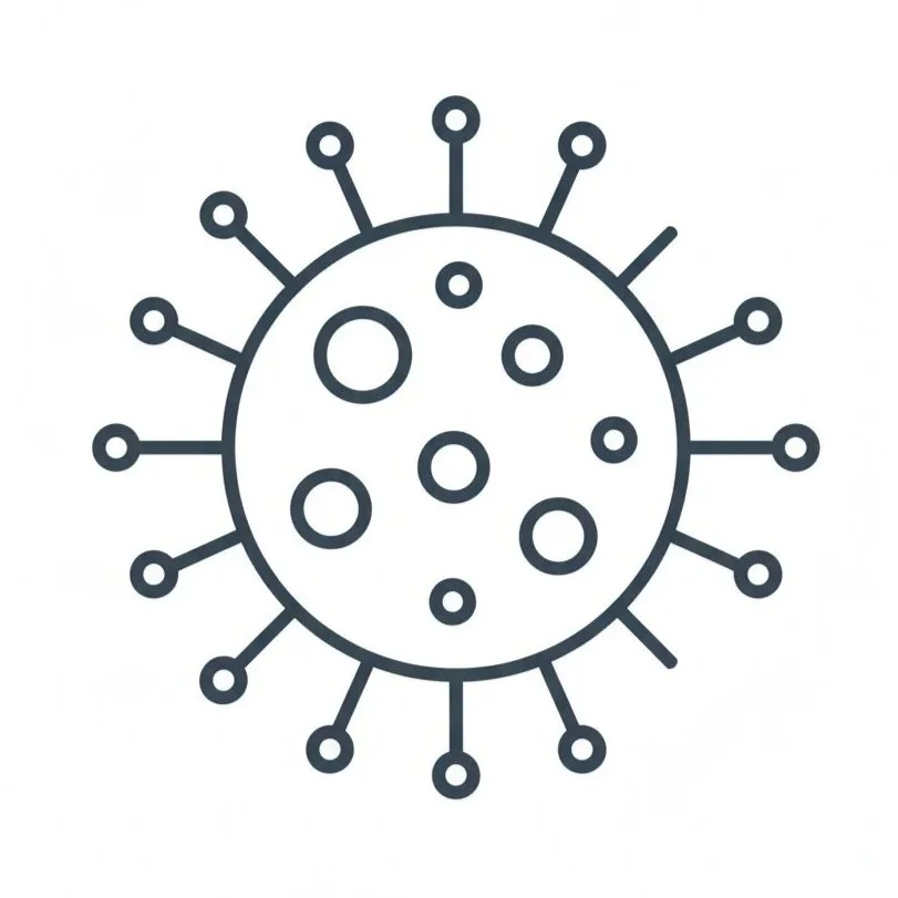 Line drawing of a virus or germ with a circular shape and numerous spike-like protrusions.