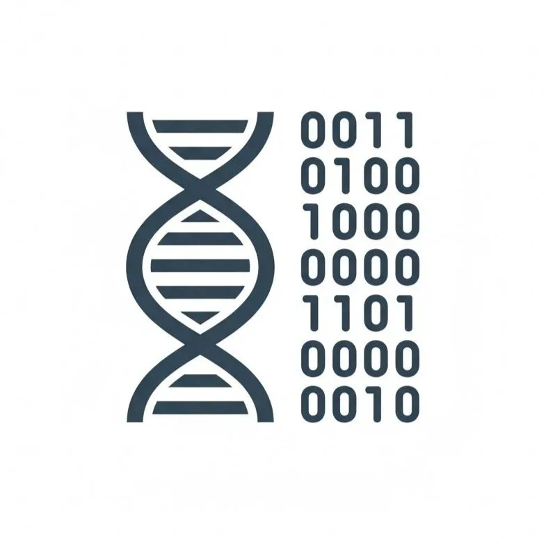 Graphic of a DNA double helix with binary code to the right.