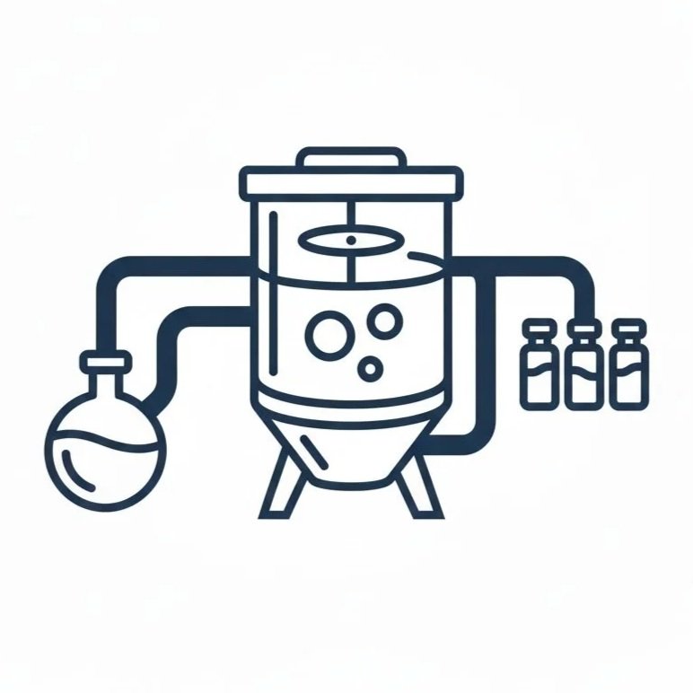 Line drawing of a laboratory distillation apparatus connected to small bottles.