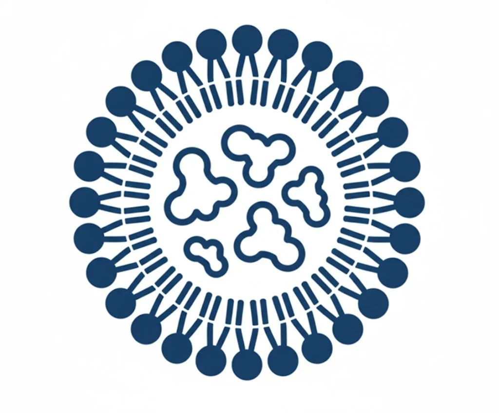 Illustration of a virus with a circular outer structure and internal protein structures
