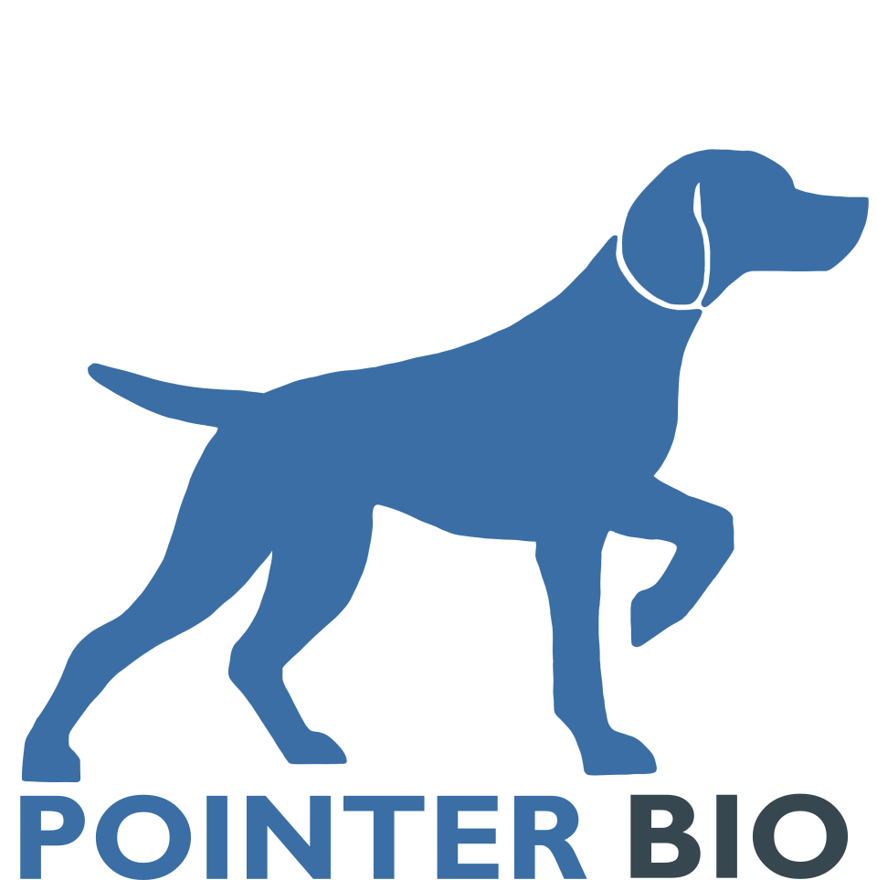 A logo featuring a blue silhouette of a dog with a collar, standing on three legs with one paw raised, and the text "POINTER BIO" below.