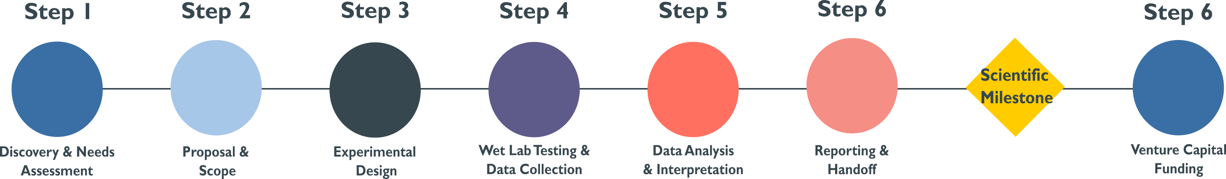 Flowchart illustrating a six-step process for scientific research, starting with discovery and needs assessment, followed by proposal and scope, experimental design, wet lab testing and data collection, data analysis and interpretation, and reporting and handoff, ending with venture capital funding after a scientific milestone.