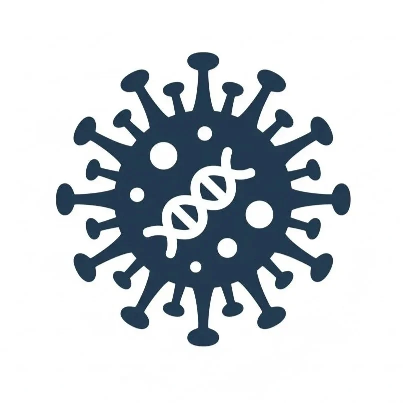 Icon combining a virus shape with a DNA strand inside.