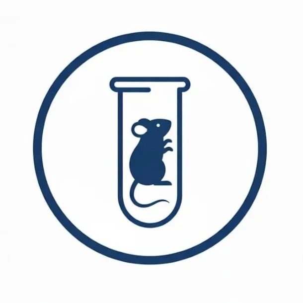 Icon of a laboratory test tube with a mouse inside it, enclosed in a circle.