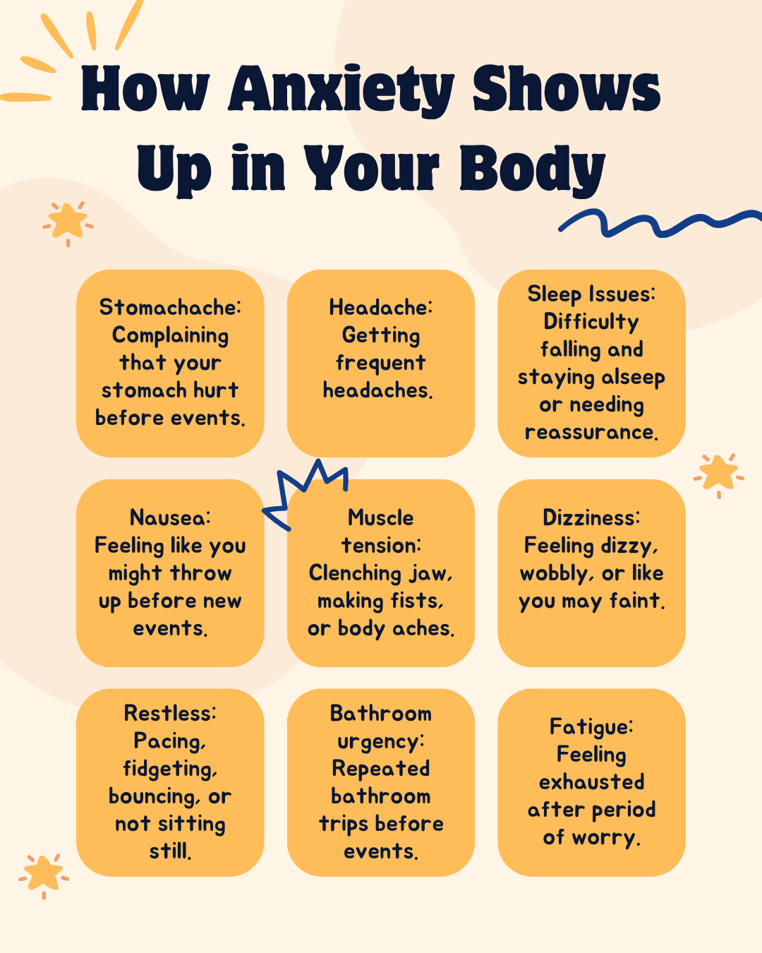 Anxiety doesn't only affect your thoughts. It can also show up physically through muscle tension, headaches, stomach discomfort, sleep difficulties, restlessness, dizziness, and fatigue.