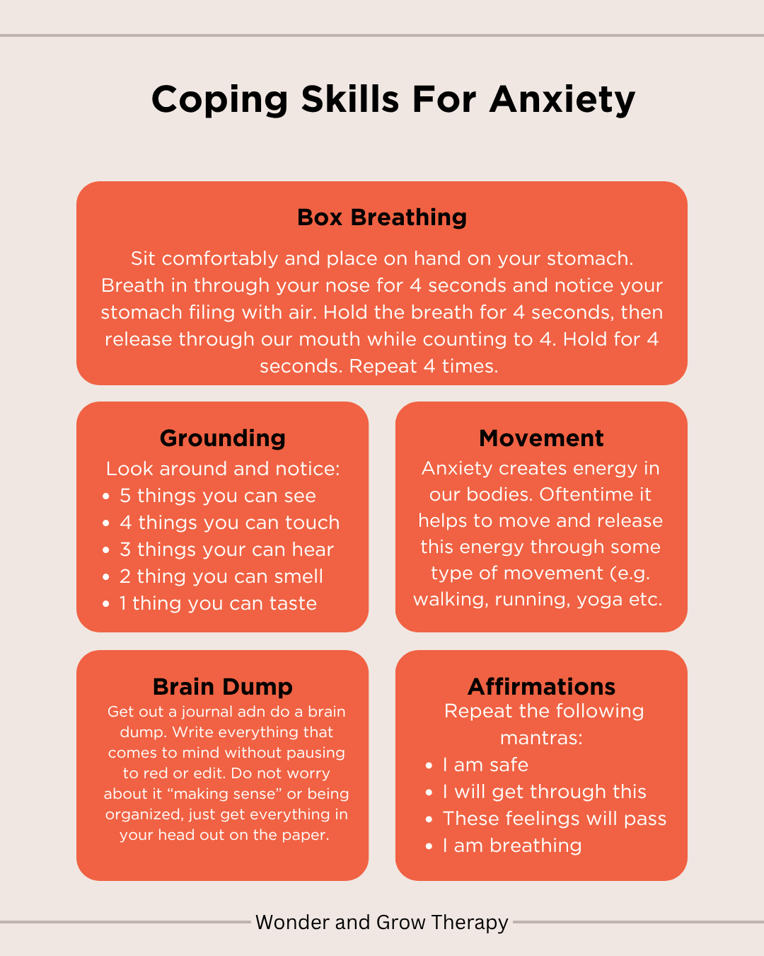 Five practical strategies for managing anxiety and overwhelm, including breathing, grounding, movement, writing down your thoughts, and supportive self-talk.
