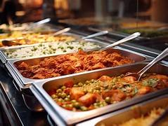 Buffet-style food trays filled with various dishes at a restaurant.