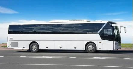 A black and white coach bus parked on a road with green fields and blue sky in the background.