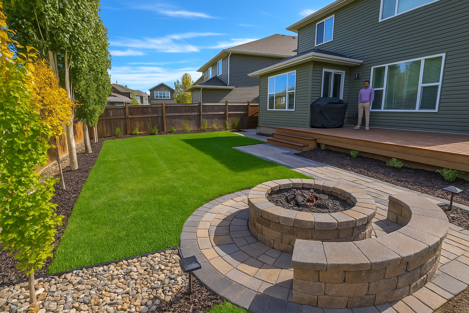 Backyard with a small round fire pit, a green lawn, a wooden deck with stairs, and a man standing near the house, surrounded by a wooden fence and trees under a partly cloudy sky.