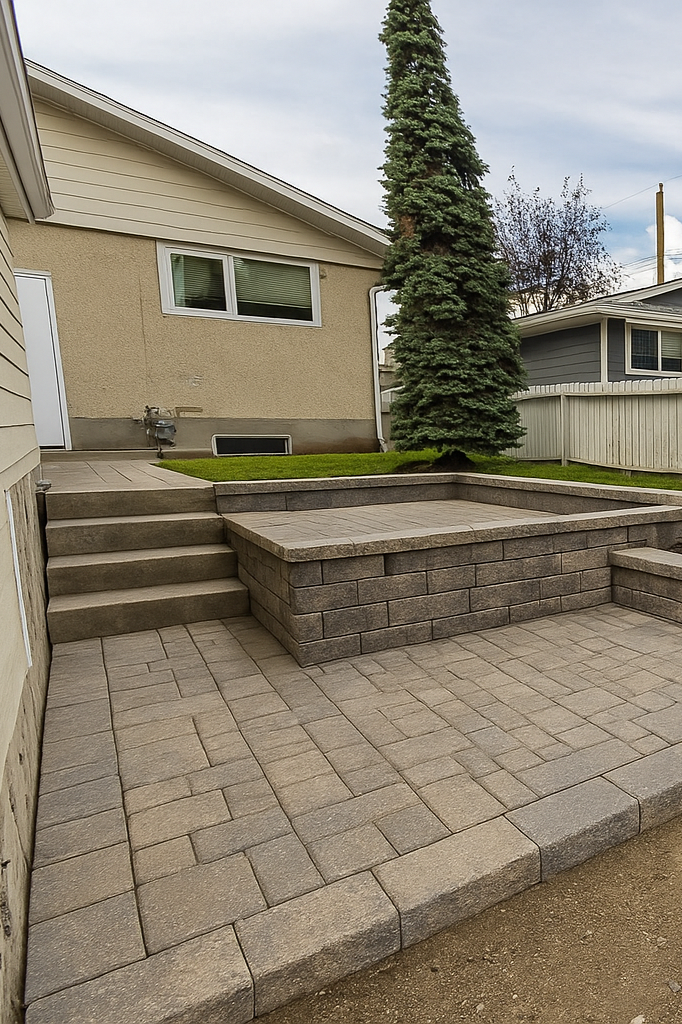 Backyard with stacked stone patio, raised fire pit, steps, small patch of grass, tall evergreen tree, neighboring house, and cloudy sky.