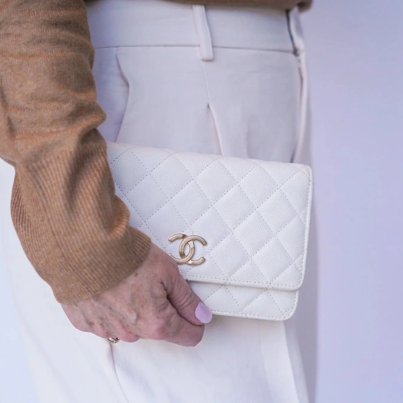 CHANEL White Caviar Race Car Flag Print Quilted Wallet on Chain WOC LGHW