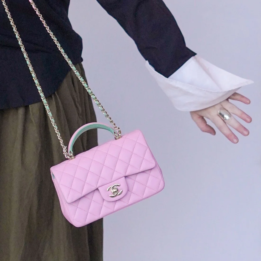 CHANEL 23P Light Pink/Light Green Lambskin Quilted Mini Top Handle LGHW