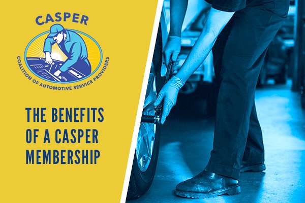 Graphic with picture of mechanic removing tire lugs on the right, and CAPSER logo and The Benefits of a CASPER membership on the left.