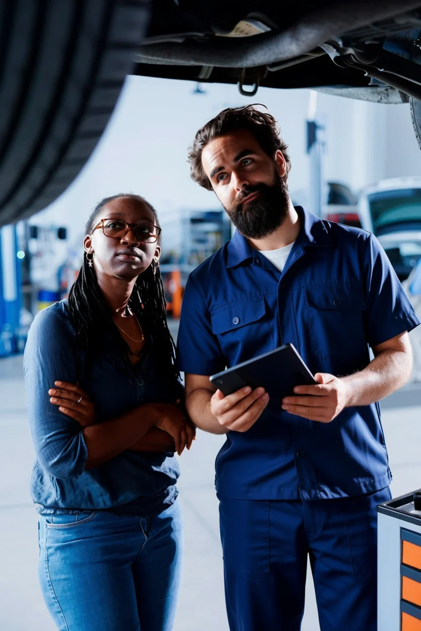 Auto mechanic in blue uniform with tablet with female customer in blue looking under car on lift