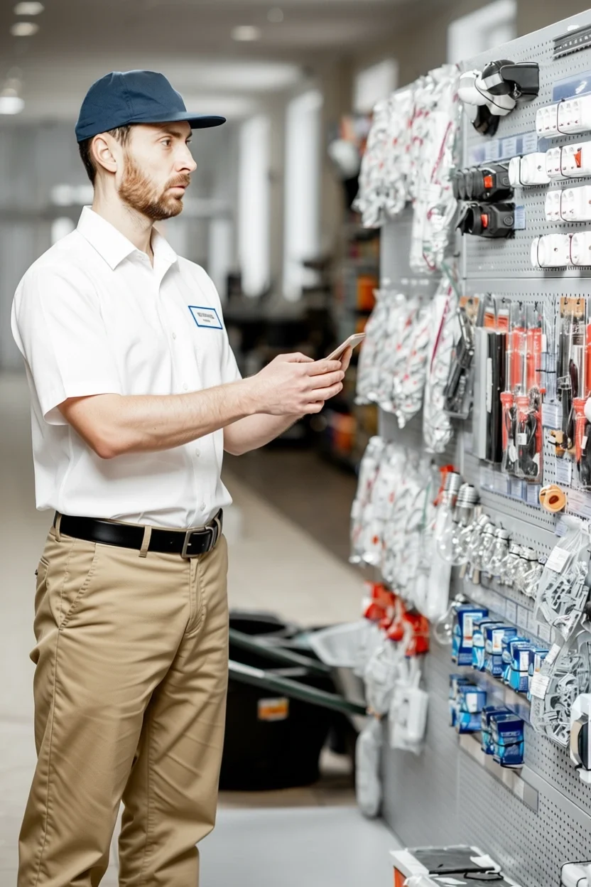 Male with blue baseball cap white shirt khaki pants taking inentory