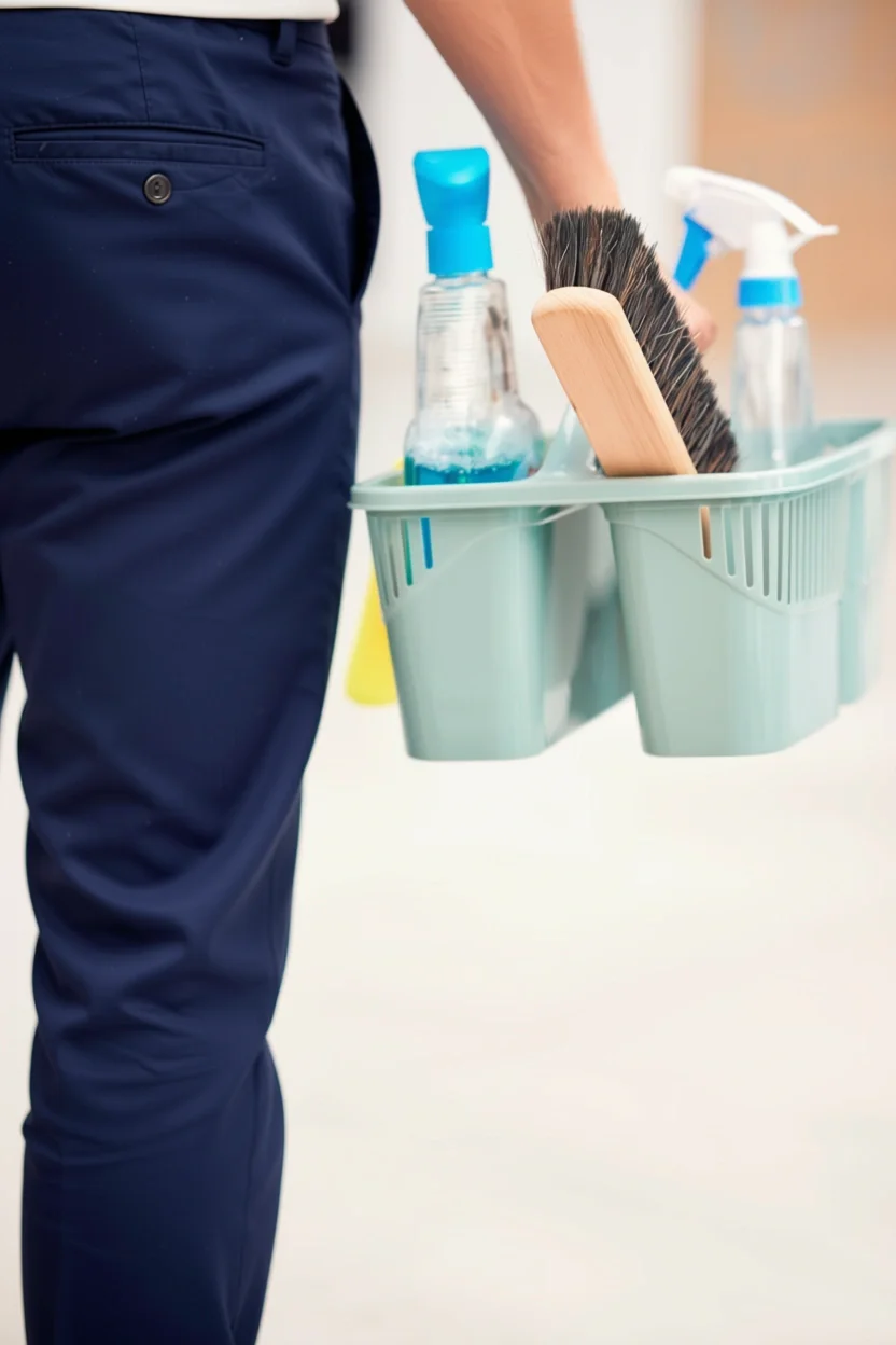 Person holding a cleaning caddy with spray bottles, a brush, and a dustpan.