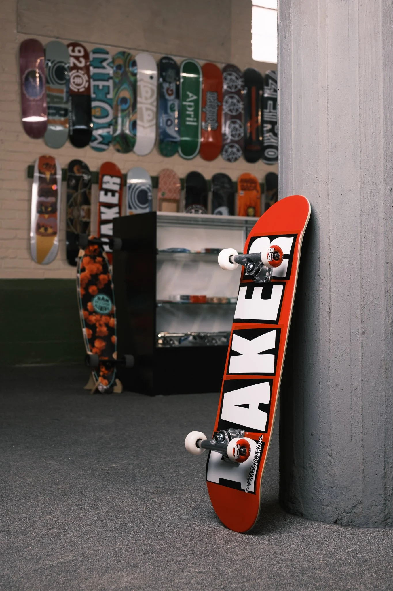 Skateboard in front of counter