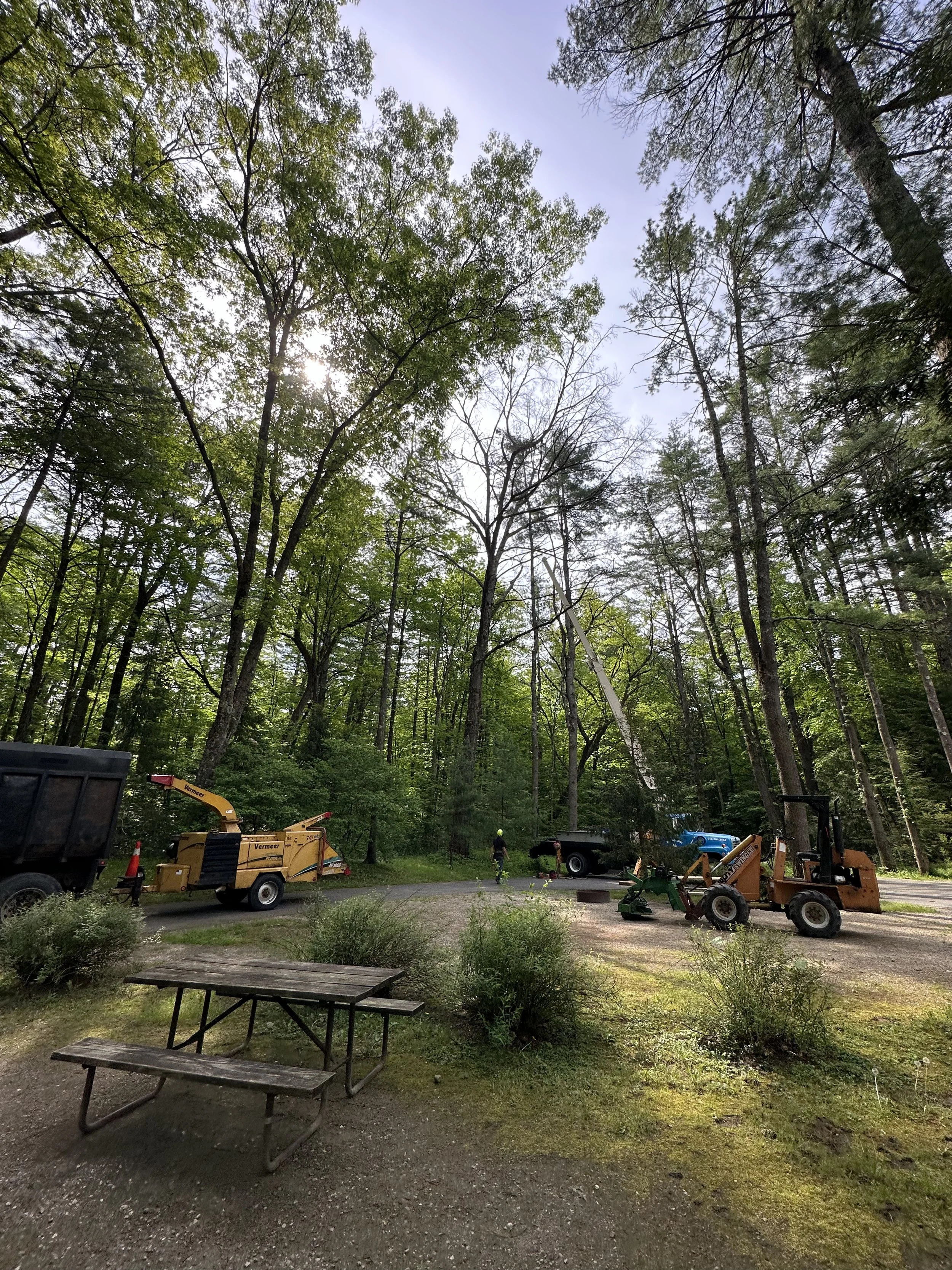 A wooded area with trees and a partly cloudy sky, showing lawn maintenance equipment including a wood chipper, a small loader, and a trailer, with a picnic table in the foreground.