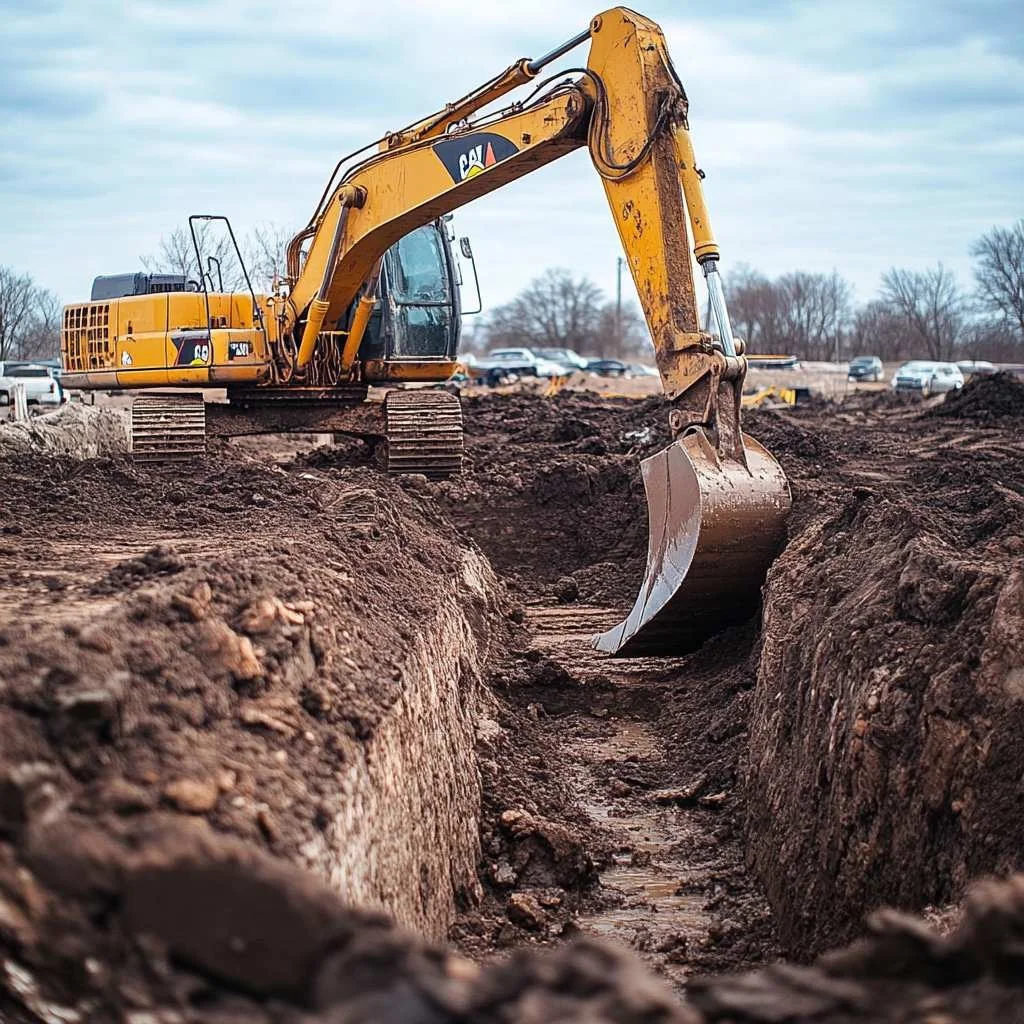 A yellow Caterpillar excavator digging a trench on a construction site with cars in the background.