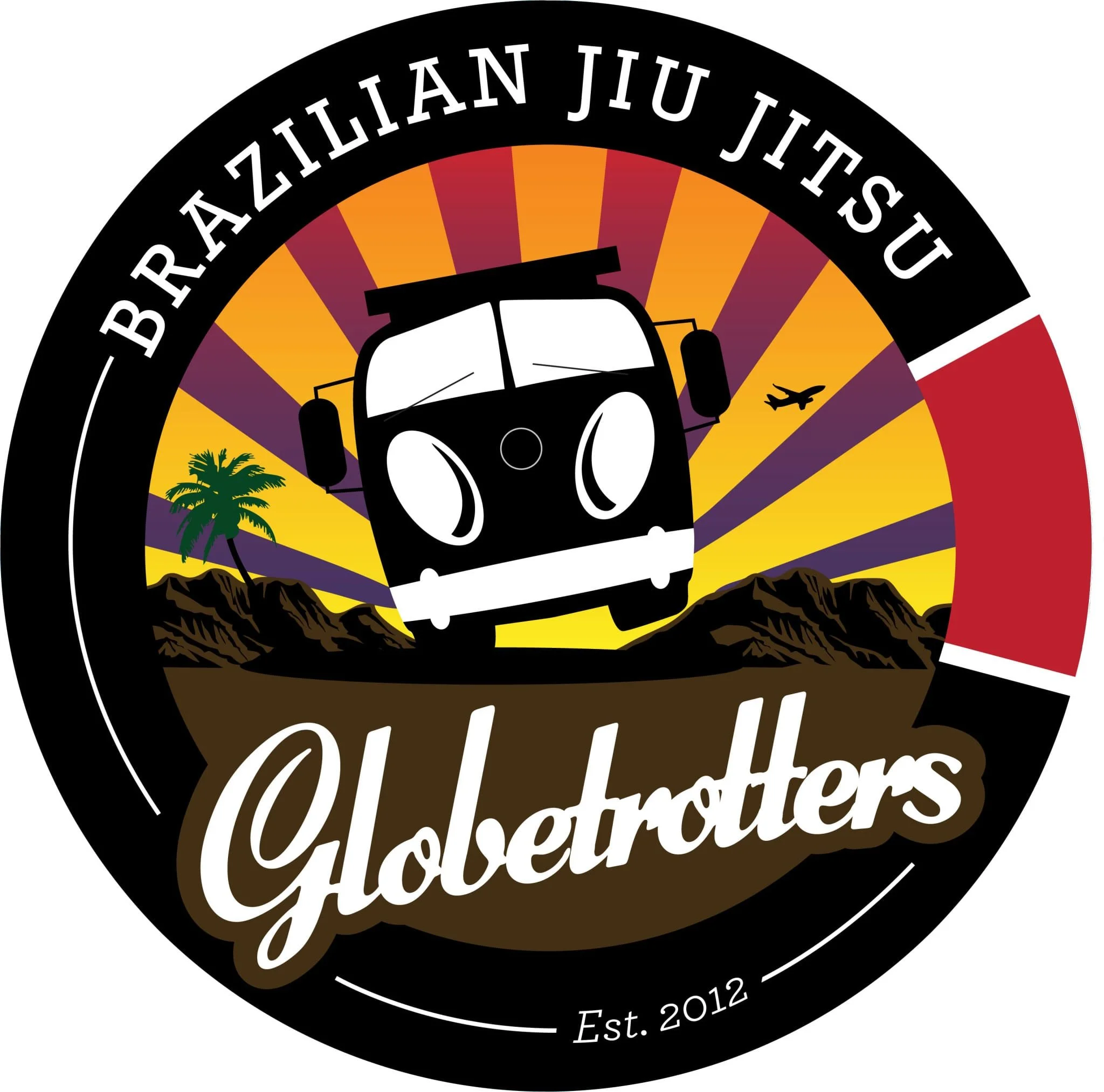 Logo der Brazilian Jiu Jitsu Globetrotters mit Bus, Palmeninsel, Bergen, Flugzeug und Mountainbike