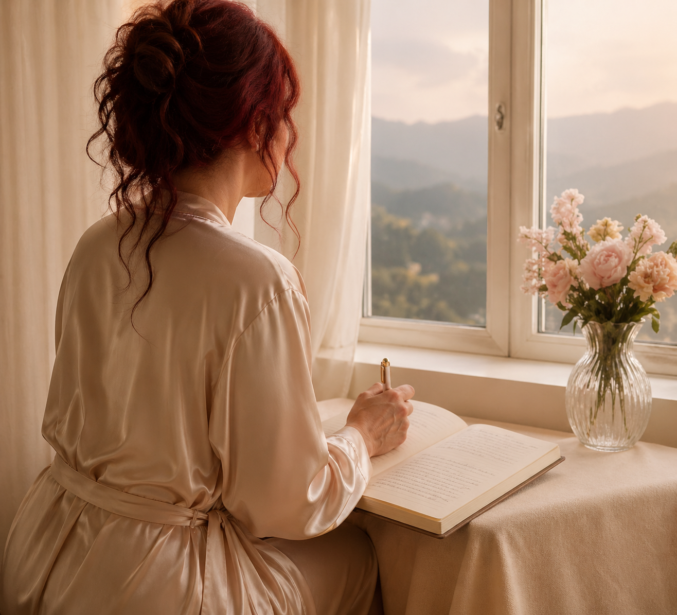 A woman with red hair, wearing a satin robe, sitting at a desk by a window, writing in a notebook, with a vase of pink flowers nearby and a scenic mountain view outside the window.