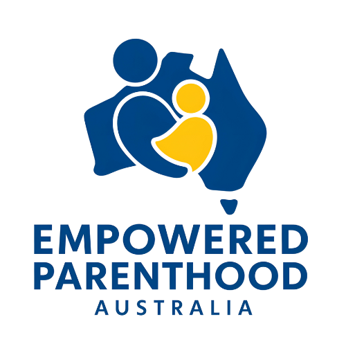 Logo of Empowered Parenthood Australia, featuring a stylized hand holding a heart-shaped figure with a parent and child in yellow, set against a dark background, with the organization's name below.