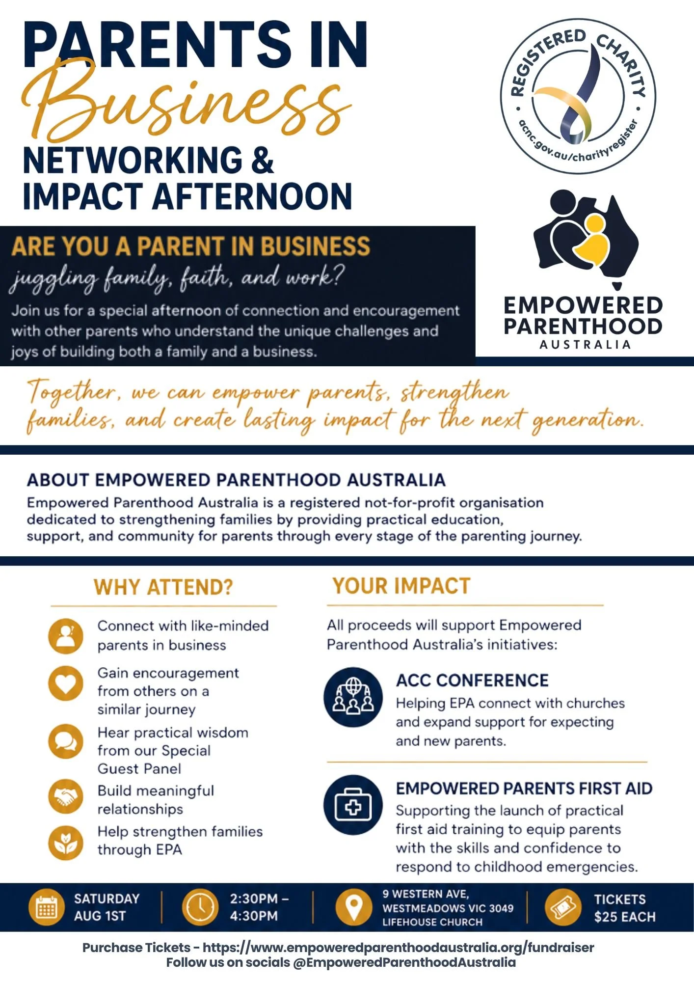 Flyer for a networking and impact afternoon event titled "Parents in Business" organized by Empowered Parenthood Australia. The flyer includes logos, a brief description of the event, reasons to attend, and details including date, time, location, and ticket price.