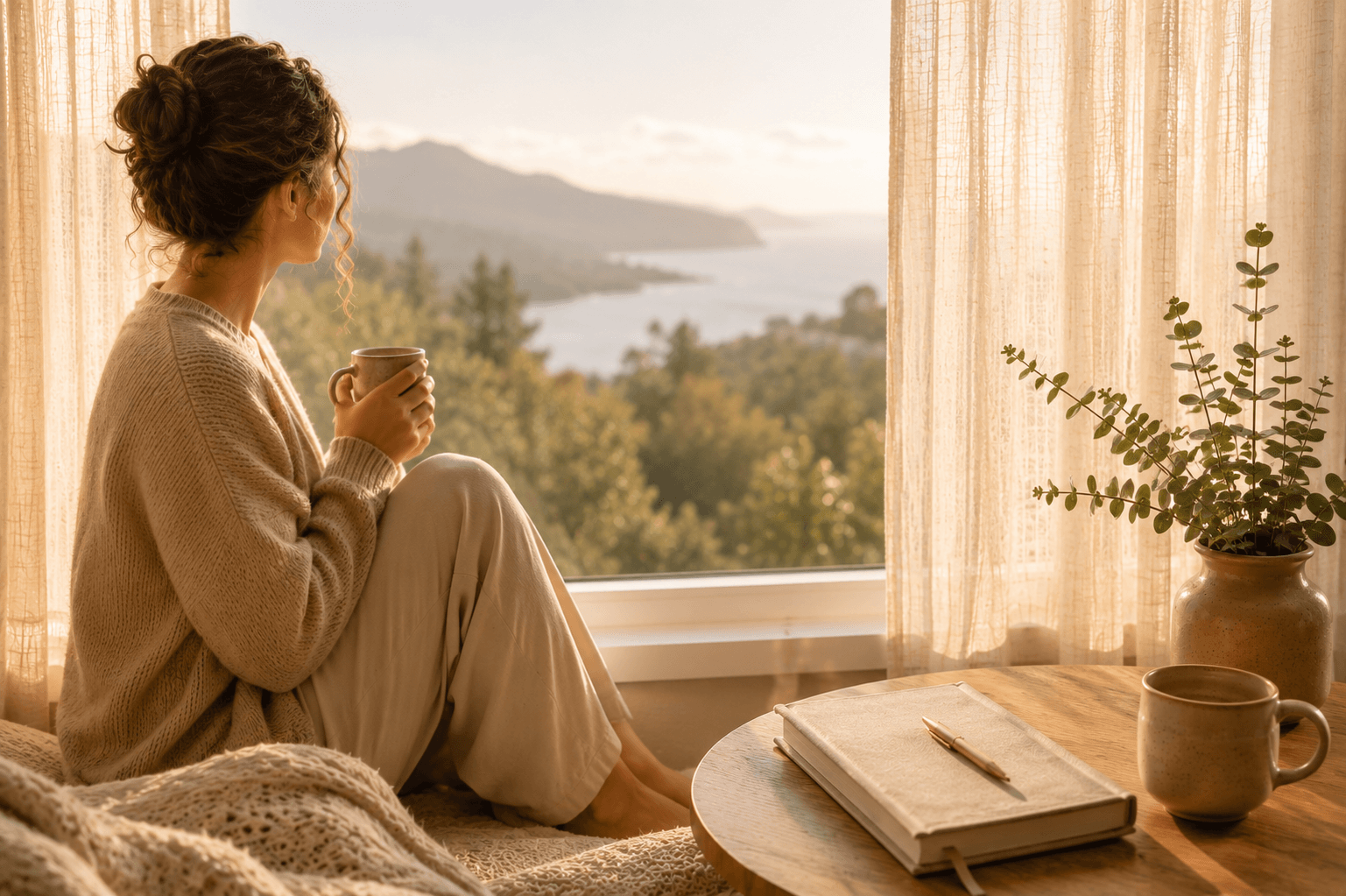 Woman sitting beside a sunlit window holding a warm drink while looking out toward a peaceful coastal landscape, with a journal and tea resting on a wooden table nearby.