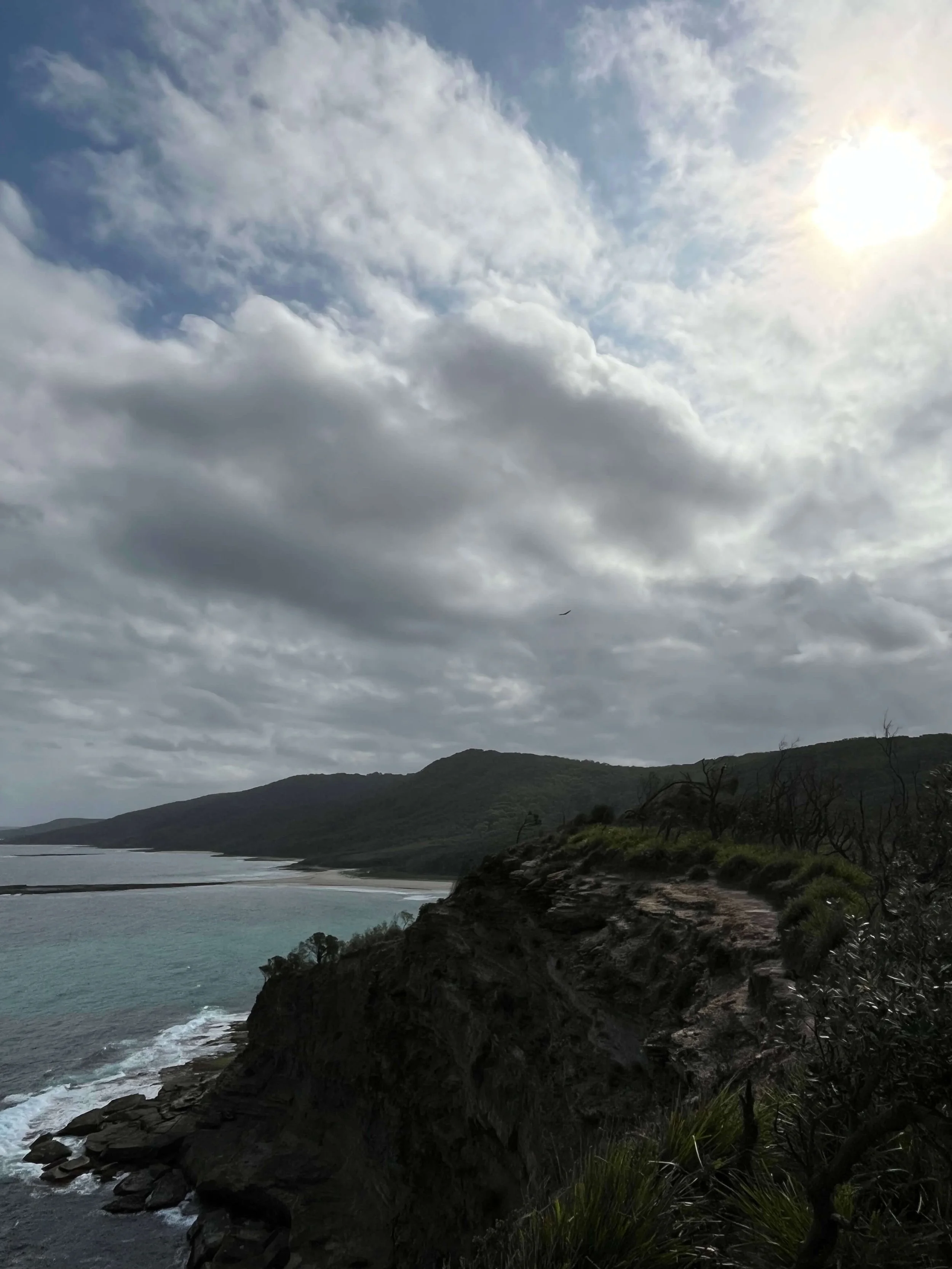 Overcast day with the sun breaking through clouds, a bird soaring above a cliff overlooking the water - symbolising resilience, perspective, and quiet strength